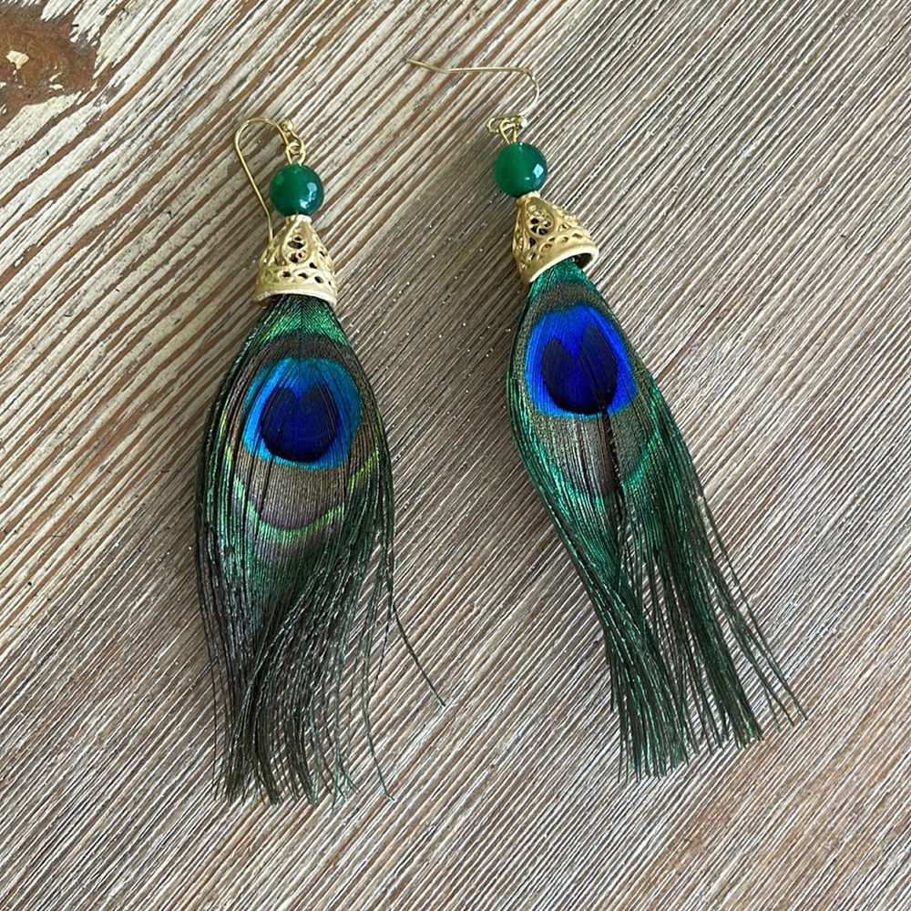22k gold plated genuine peacock feather green onyx earrings